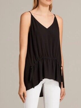 All Saints Black Isabel Top V-Neck Drawstring Camisole - Small